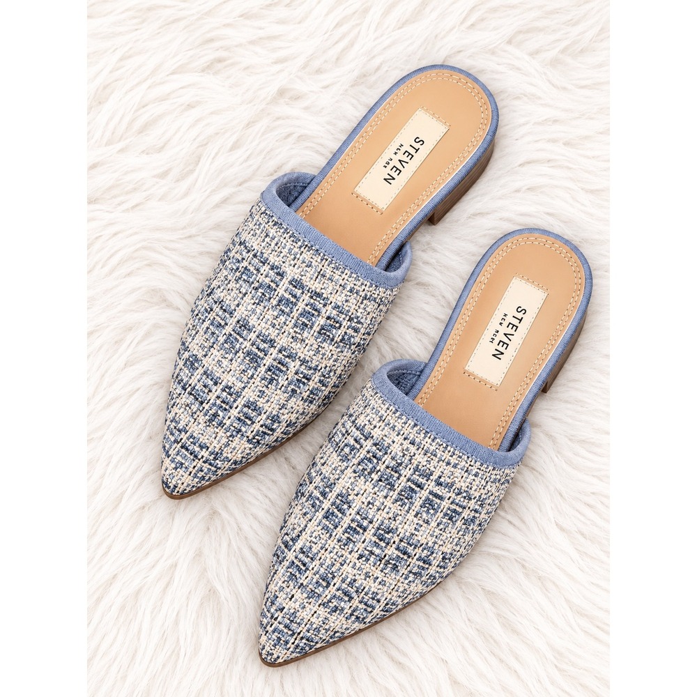 Steven New York Mules Size 7 Blue White Tweed Pointed Toe Slip On Flats